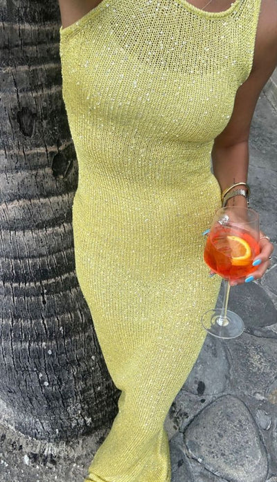 Abito Lungo Senza Maniche con Dettagli in Paillettes
