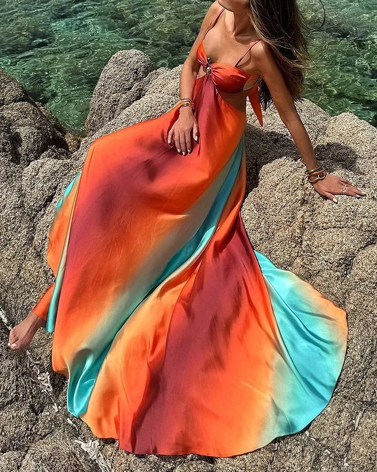Abito Lungo Flowy con Effetto Ombre e Dettaglio Cut-Out