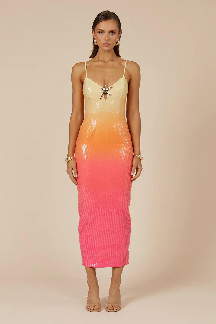 Abito Midi con Paillettes e Spilla a Stella Marina